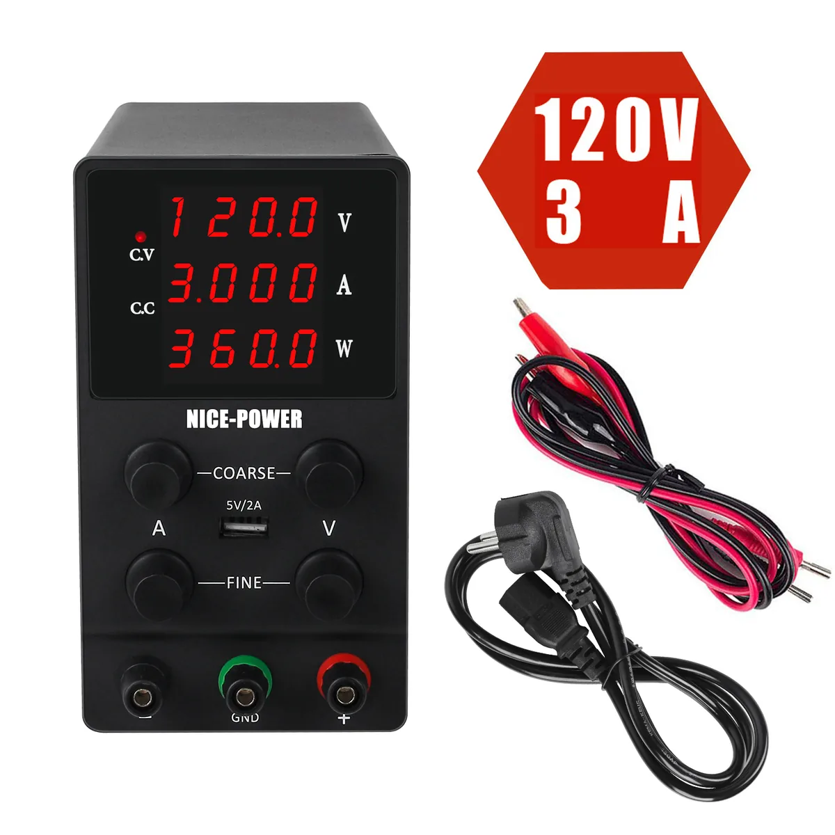 Лабораторный источник питания постоянного тока Kuaiqu R-SPS1203 с регулируемым 4-разрядным дисплеем, 120В / 3А, цвет черный